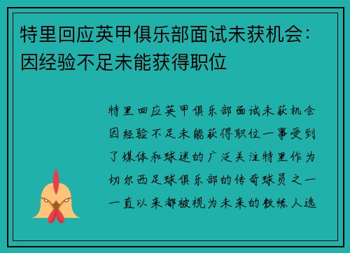 特里回应英甲俱乐部面试未获机会：因经验不足未能获得职位