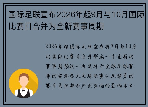国际足联宣布2026年起9月与10月国际比赛日合并为全新赛事周期