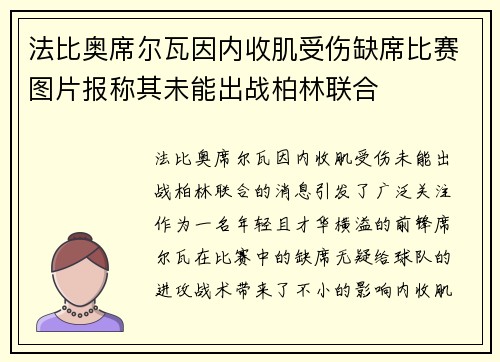 法比奥席尔瓦因内收肌受伤缺席比赛图片报称其未能出战柏林联合